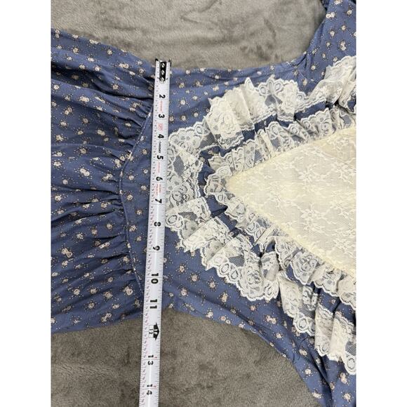 Vintage Sabrina Prairie Dress Blue Floral Lace Trim Cottagecore USA Made Sz 10 - Picture 10 of 12